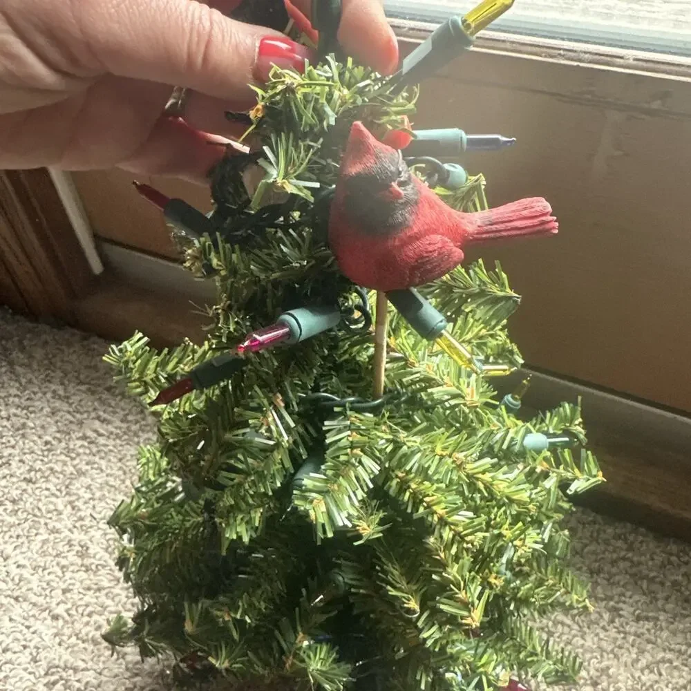 Miniature Table Top Christmas Tree With Working Lights And Cardinal Topper